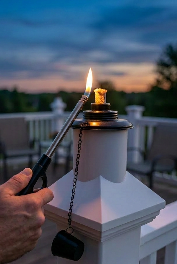 BuzzCaps citronella torch post cap lit on a deck post at dusk