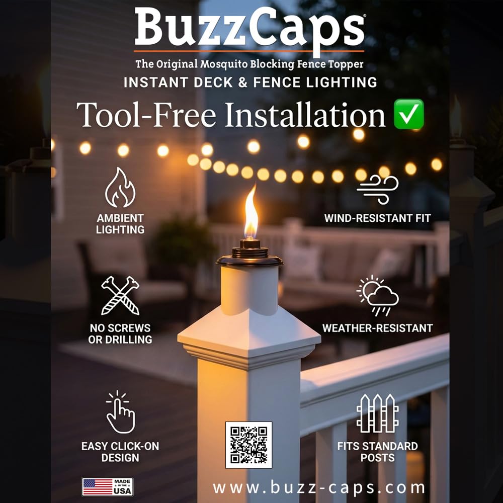 BuzzCaps - The Original Mosquito Repellent Outdoor Torch Post Cap (6) Six Pack