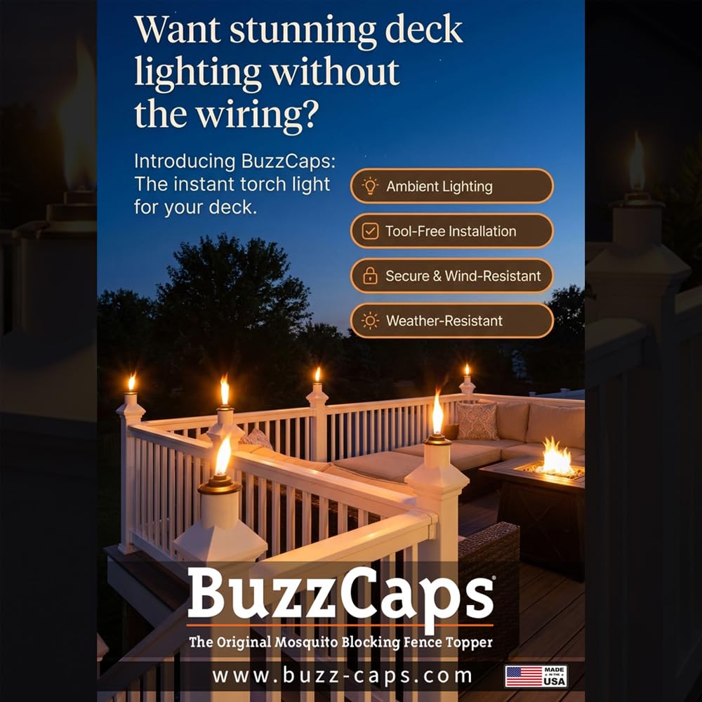 BuzzCaps - The Original Mosquito Repellent Outdoor Torch Post Cap (6) Six Pack