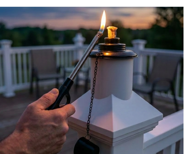 Person lighting a BuzzCap on a railing with a sunset in the background.

